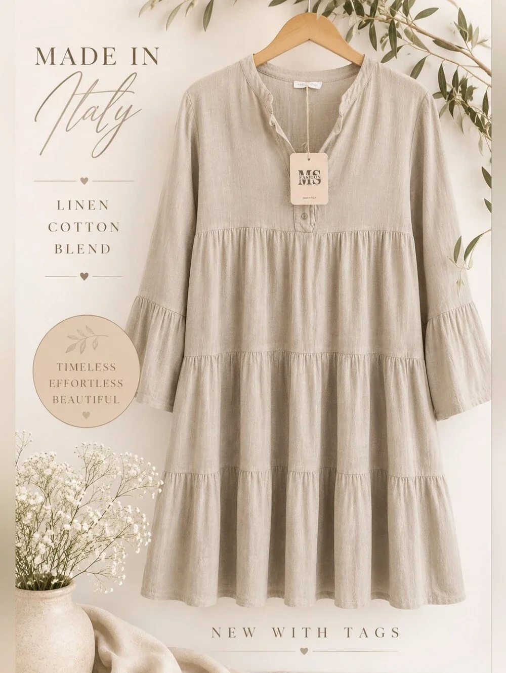 Made in Italy Linen Cotton Blend Tiered Mini Dress Tunic Large NWT Neutral Beige - Picture 1 of 12